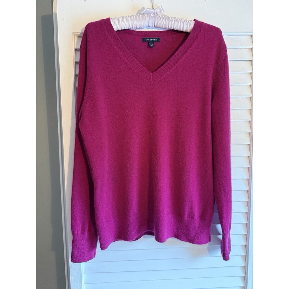 Lands’ End Women’s L Cashmere Sweater V-neck Magenta Classic Quiet Luxury Preppy